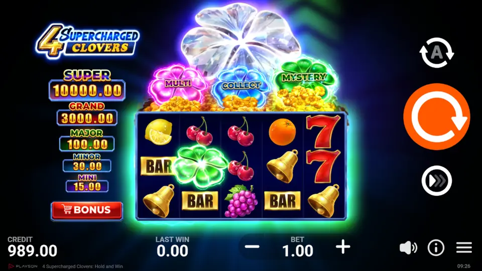 4 Supercharged Clovers Hold and Win bonus game with clover values and re-spin counter