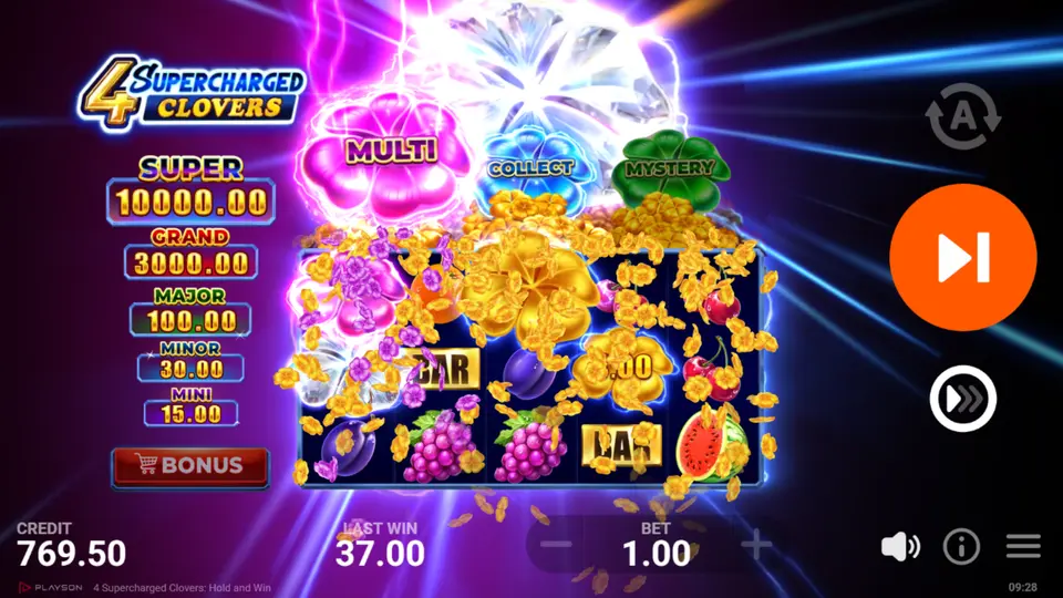 4 Supercharged Clovers Buy Bonus Game menu with two purchase options and prices