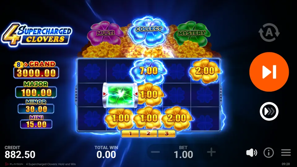 4 Supercharged Clovers Major Jackpot highlighted during the Hold and Win bonus game