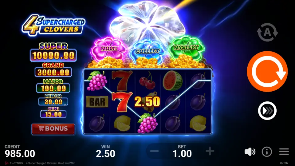 4 Supercharged Clovers Pink Feature Clover distributing x2 x3 x5 multipliers on the grid