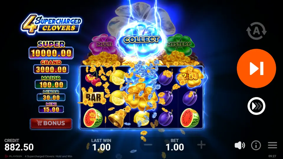 4 Supercharged Clovers Super Bonus Game expanded 5x5 grid with clover symbols and jackpot progress